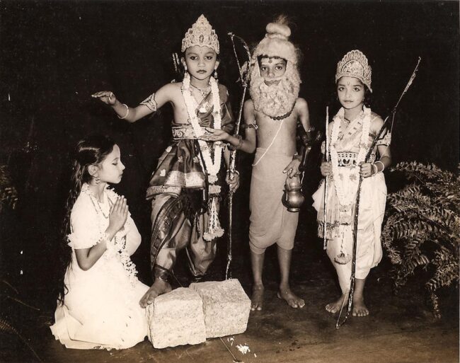 Playing Ahalya (kneeling at left) in Ahalya Shapa Vimochana tableau, age 8, 1964