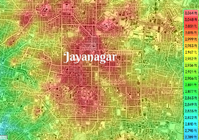 The natural advantage of Jayanagar's higher elevation seen in Bengaluru's topological map. Courtesy: topographic-map.com